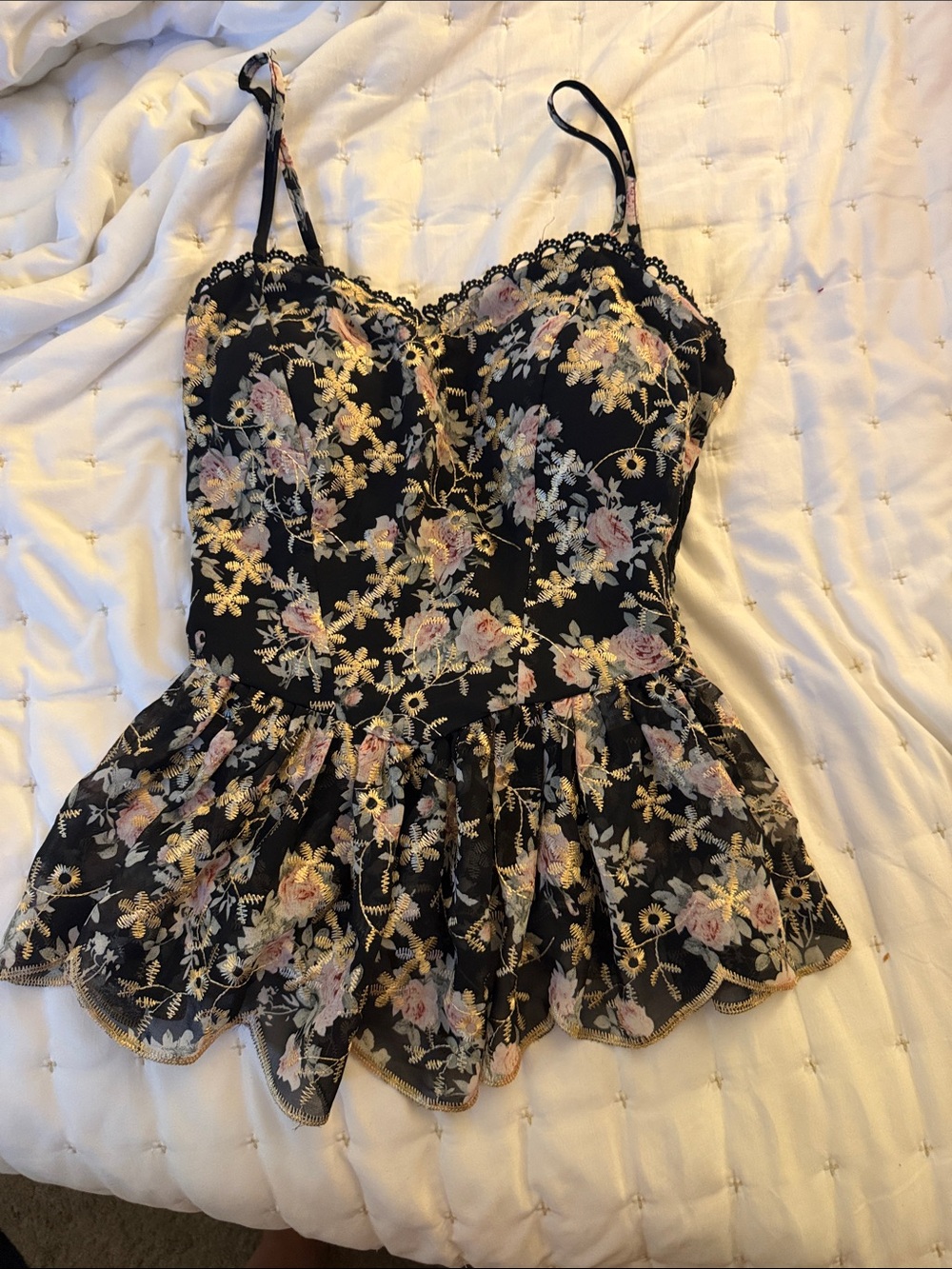 Vici Black Floral Lace Peplum Cami with Pink & Gold Embroidery